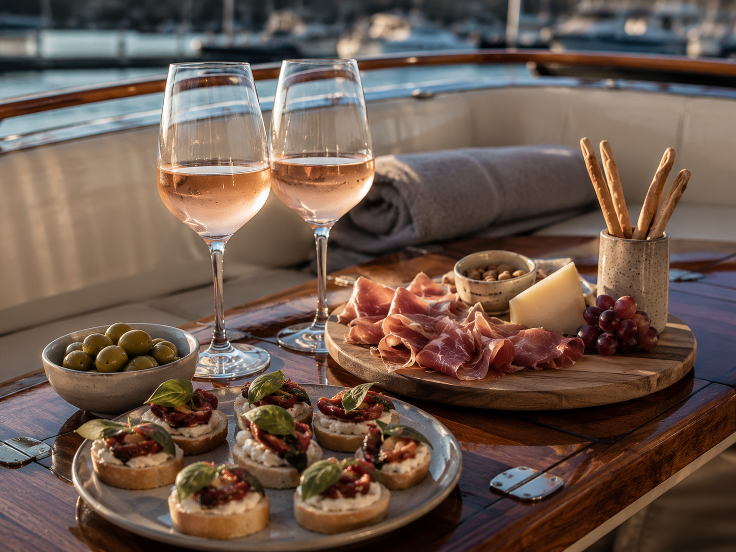 Twee glazen rosé, een borrelplank met ham, kaas, olijven, druiven en bruschetta op het teakdek