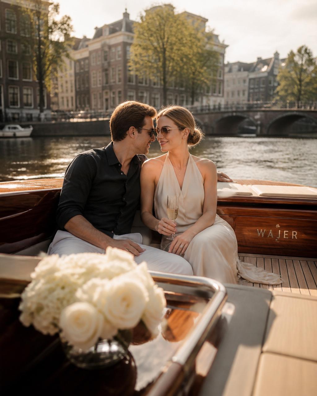 Een stel met champagne in het zachte licht op het dek van een Wajer jacht