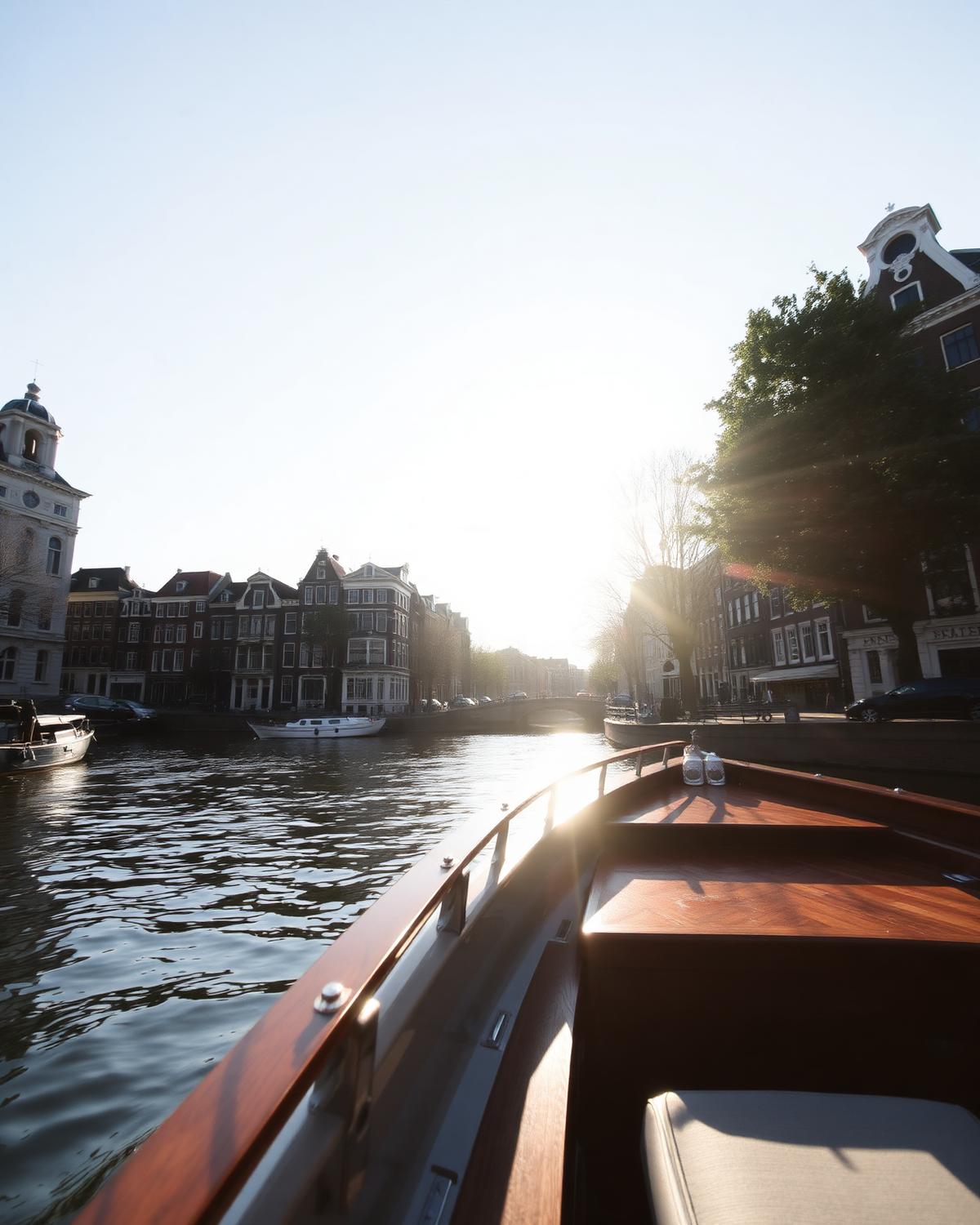 Open water dat overgaat in een zonnige Amsterdamse gracht, gezien vanaf een houten sloep